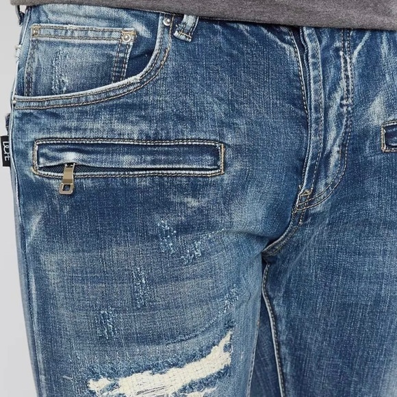 DOPE 34x32 Weir Moto Stretch Jeans Mens Distressed Patched Button Fly D2018P201 - Picture 3 of 12